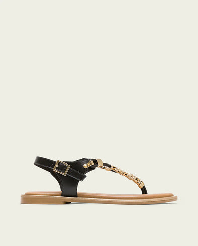 Sandalia plana de piel Porronet con abalorios ESTELA 3112-001 Negro