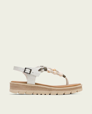 Sandalia cuña de piel Porronet con abalorios TELMA 3144-014 Blanco