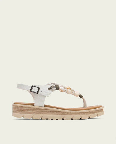 Sandalia cuña de piel Porronet con abalorios TELMA 3144-014 Blanco