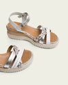 Sandalia de cuña de piel Porronet BERTA 3156-111 Blanco-Plata