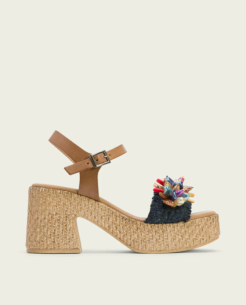 Sandalia de tacón piel y textil Porronet JILLIAN 3063-168 AZUL